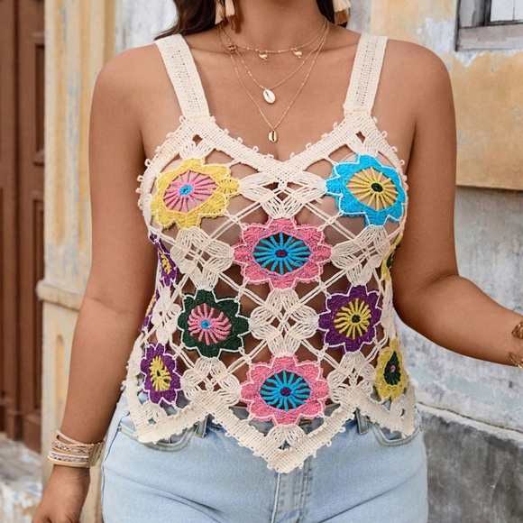 Plus Colorful Floral Crochet Semi Sheer Tank top - Picture 3 of 6